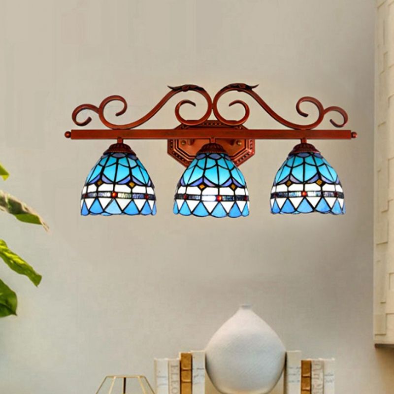 Blue Glass Bell Vanity Wall Light Mediterranean 3 Bulbs Copper Sconce Lighting with Scroll Arm
