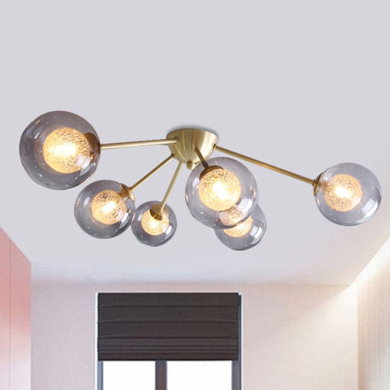 Moderne Global Semi Flush Mount Clear/Bernstein/Rauchglas 3/6 Lichter LED -Schlafzimmer Halbflush Mount Leuchte in Gold