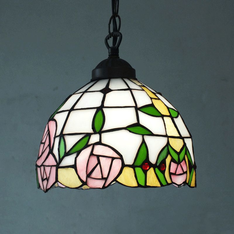 White Cut Glass Ceiling Hang Fixture Domed 1 Light Mediterranean Suspension Lighting with Rose Pattern