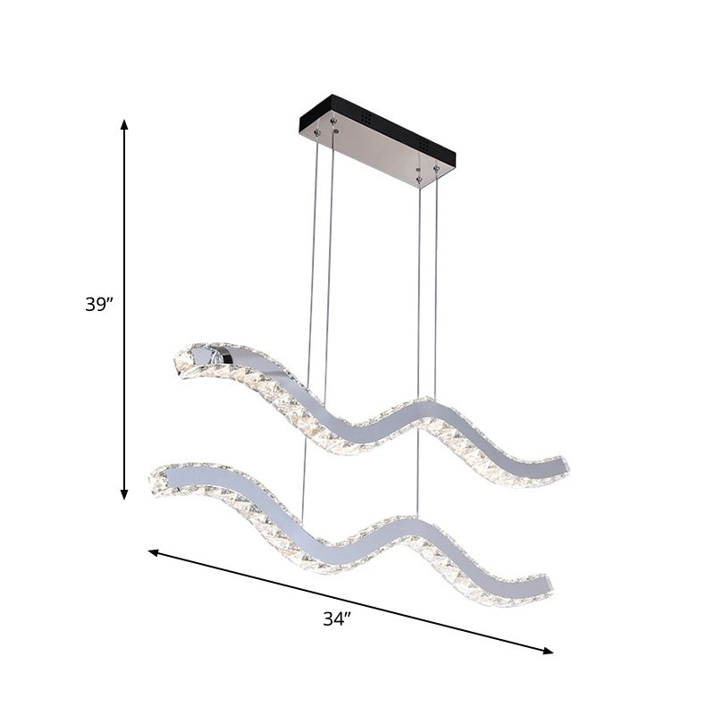 Wavy Crystal Strip Island Pendant Minimalistic Office LED Hanging Light Fixture in Stainless Steel