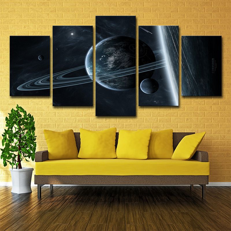 Cosmic Ringed Planet Canvas Wall Art Science Fiction Multi-Piece Wall Decor in Black