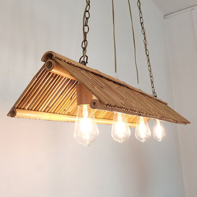 Bamboo Triangle Roof Island Light Fixture Modern Style Ceiling Pendant Lighting in Wood
