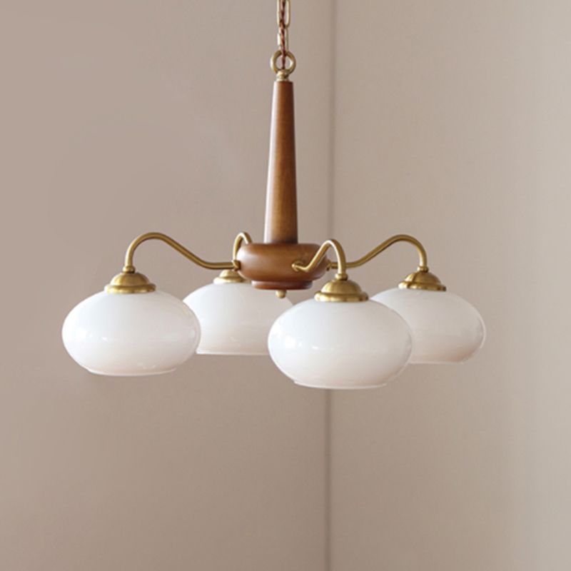 Brass Japanese Chandelier Bowl Shape Multi Light Hanging Light with Wood for Restaurant