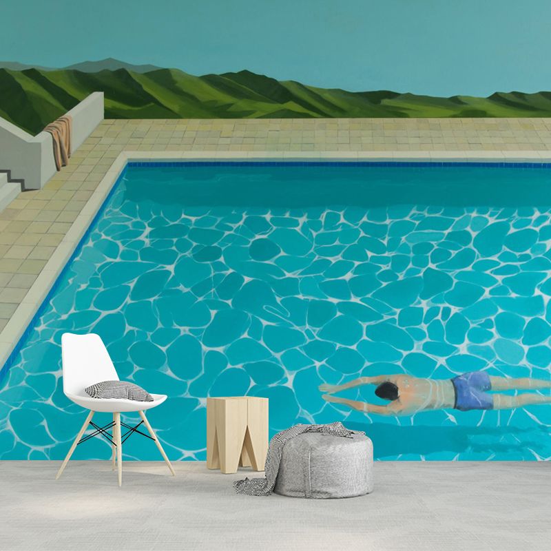 Breaststroke Swimming Murals Wallpaper Blue Artistic Wall Covering for Living Room