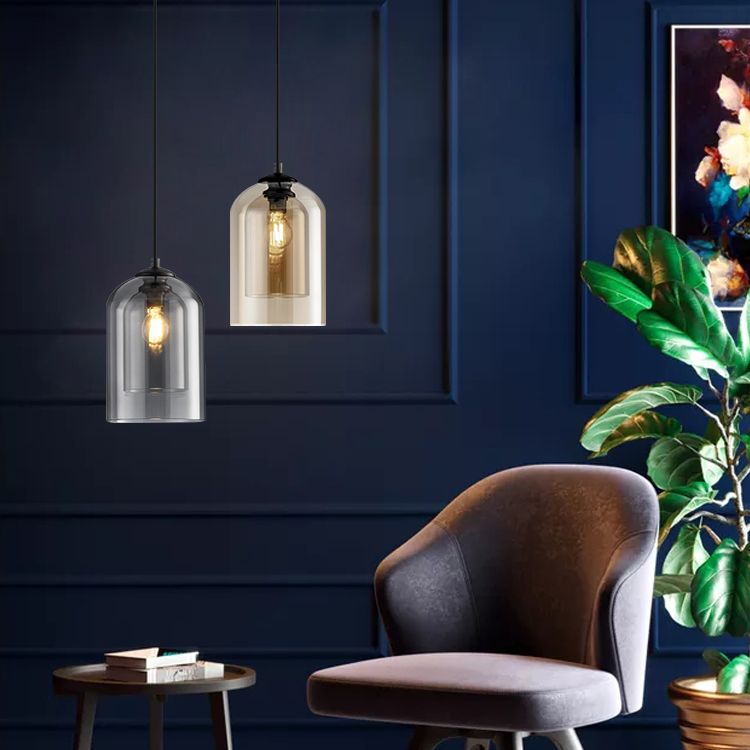 Wrought Iron Single Pendant Light in Modern Simplicity Glass Cylindrical Hanging Light for Bedroom