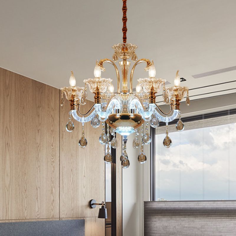Clear Crystal Candle Chandelier Light Vintage 6 Bulbs Dining Room Hanging Lamp with Glass Shade