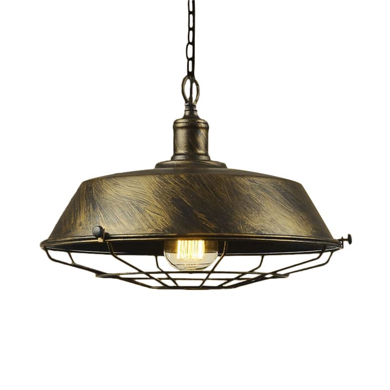 Iron Barn Hanging Light with Wire Guard Antique Style 10"/14"/18" Dia 1 Head Restaurant Pendant Light Fixture in Brass/Bronze/Black