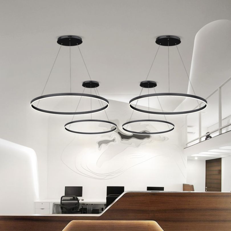 Lustre noir moderne plusieurs anneaux de plafond pendentif en métal léger en métal