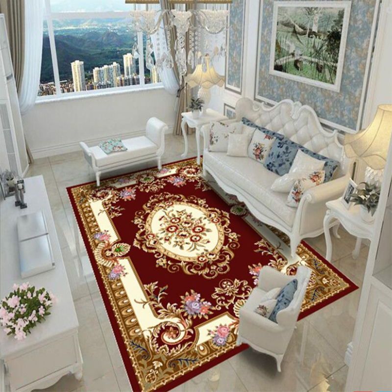 Dark Red Vintage Rug Polyester Flowers Rug Non-Slip Backing Area Rug for Living Room