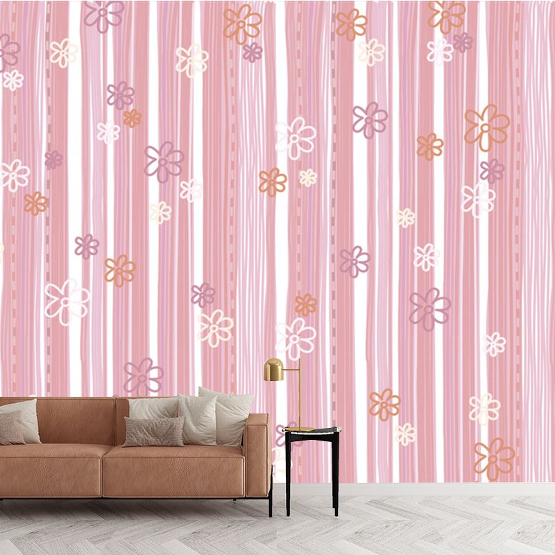 Cartoon Flower Striped Wall Murals Pink Water-Proof Wall Covering for Kids Bedroom