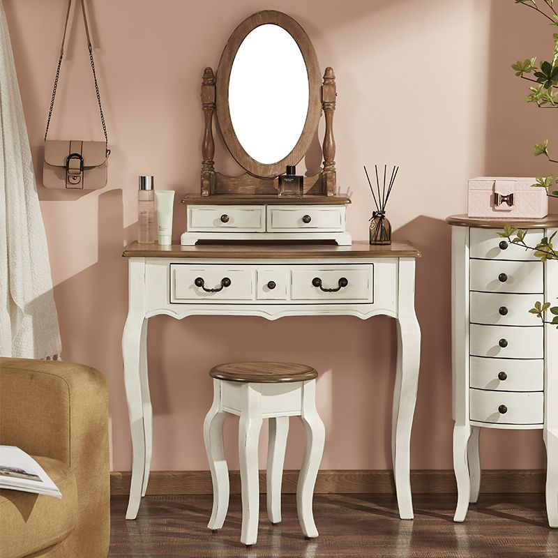 Victorian White Makeup Vanity Desk Table Solid Wood Dressing Table Stool Set