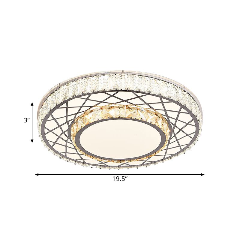 LED Clear Beveled Crystal Blocks Light Fixture Modern Stainless-Steel Round Great Room Flush Mount Fixture