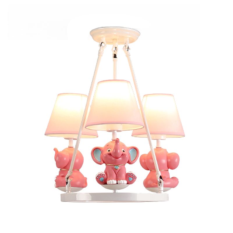 Resin Elephant Chandelier Light Fixture Kids 3 Heads Pink Pendant Lamp with Conical Fabric Shade