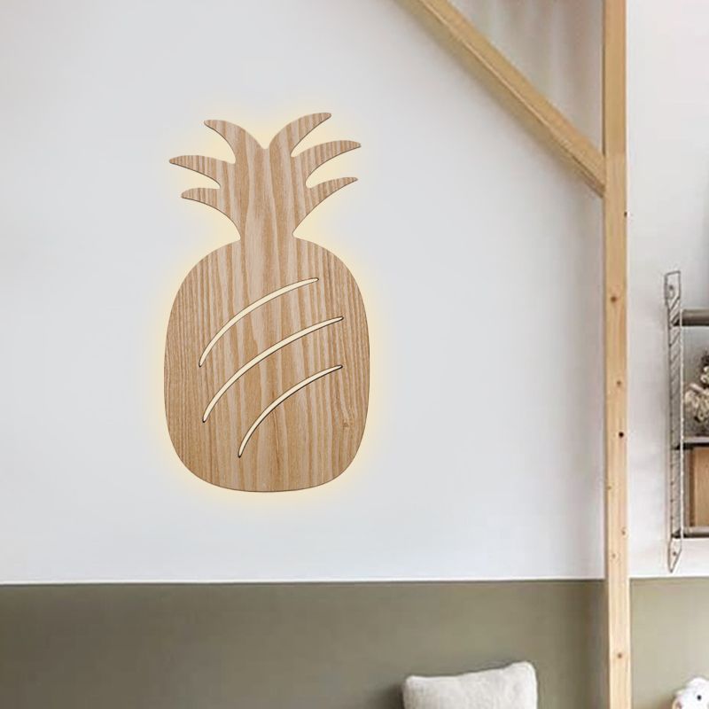 Modern Led Sconce Lighting with Wood Shade Beige Car/Pineapple/Cactus Wall Mounted Light for Bedroom