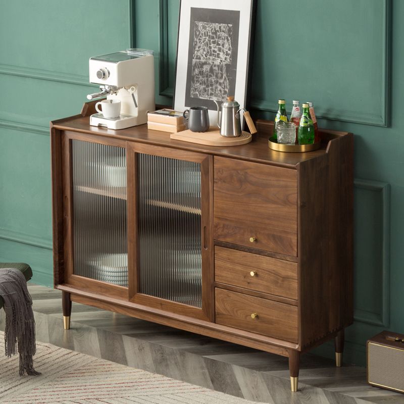 Modern Glass Doors Solid Wood Sideboard Cabinet with Cabinets and Drawers