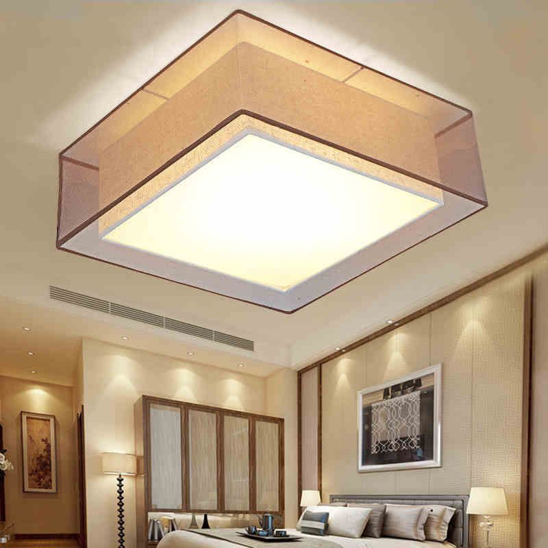 Brown Square Ceiling Light in Traditional Concise Style Wrought Iron Flush Mount with Fabrics Shade
