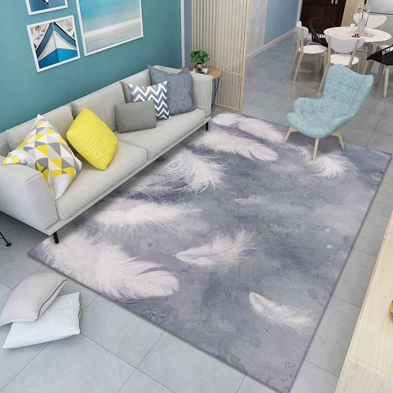 Grey Modern Carpet Feather Print Polyester Area Rug Anti-Slip Washable Rug for Living Room