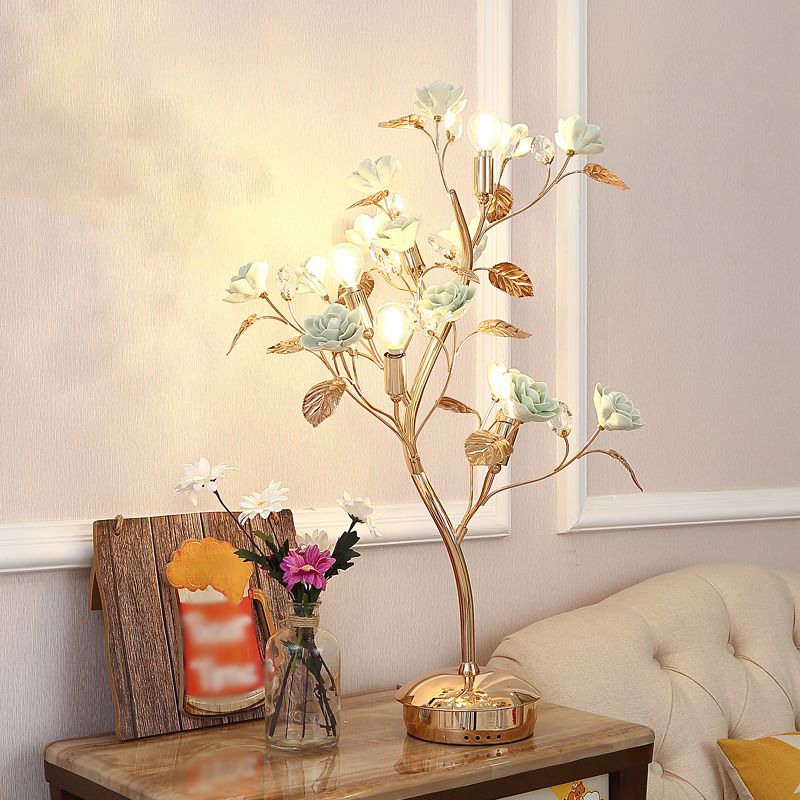 Floral Ceramic Table Light Pastoral Style Living Room Nightstand Lamp with Decorative Crystal