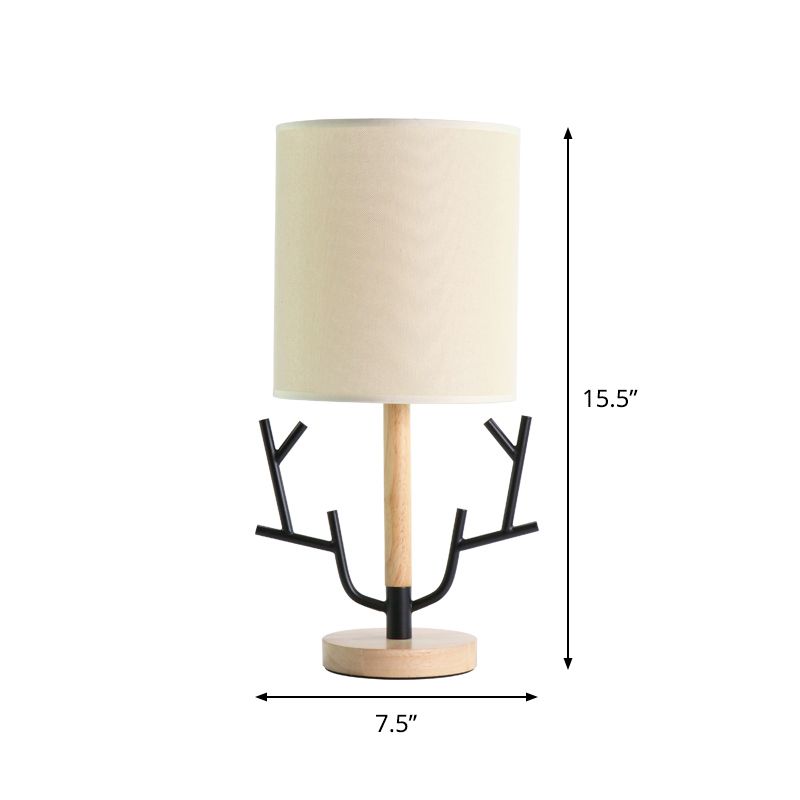 Black Branch Night Table Lamp Modern 1 Head Wood Reading Light for Bedroom with Cylinder Fabric
