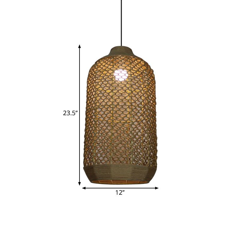 1 Light Dining Room Drop Pendant Chinese Style Beige Hanging Lamp Fixture with Woven Lantern Bamboo Shade