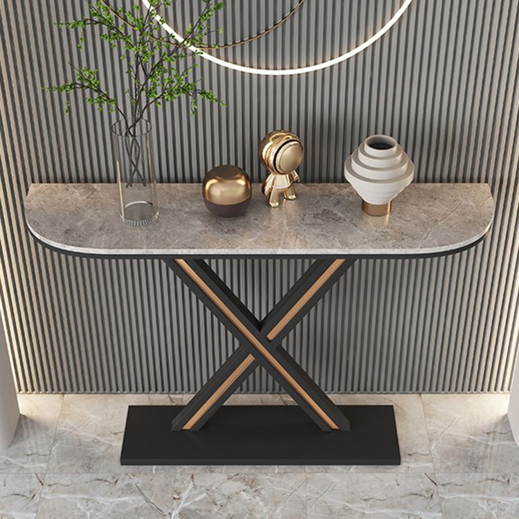 Half Moon Stone Top Accent Table with Black Iron Pedestal Base