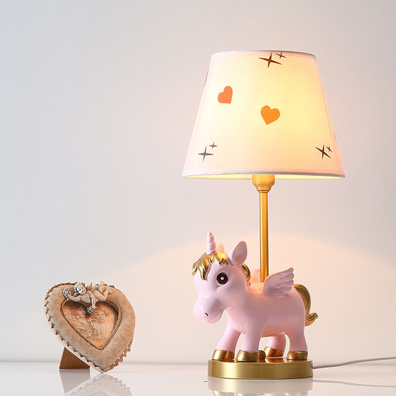 Cone Shade Night Light Kids Print Fabric 1 Bulb Pink/Blue Table Lighting with Unicorn Base