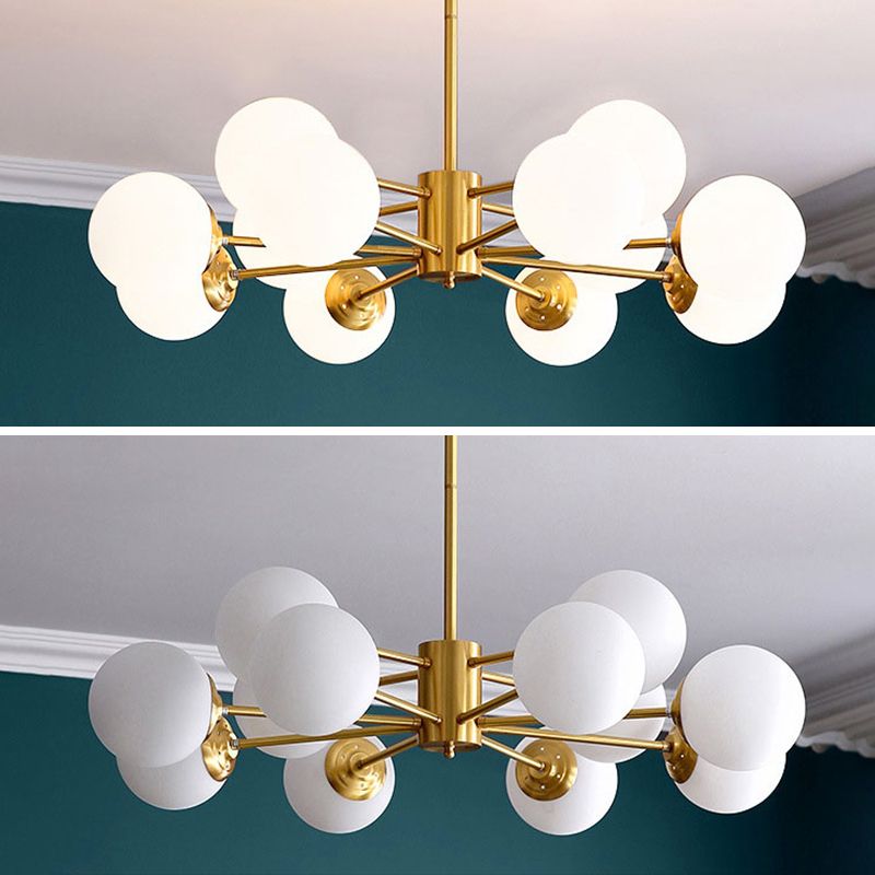 Lámpara de lámpara de araña de vidrio blanco de leche colgante de iluminación de latón contemporáneo para comedor