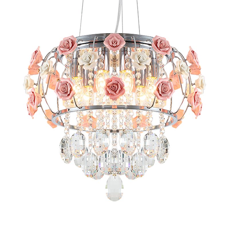 Lampadario a sospensione a sospensione a sospensione per tamburi cromati in metallo moderno 6 lampadine da pranzo lampada a sospensione con rosa rosa e drappeggio cristallino