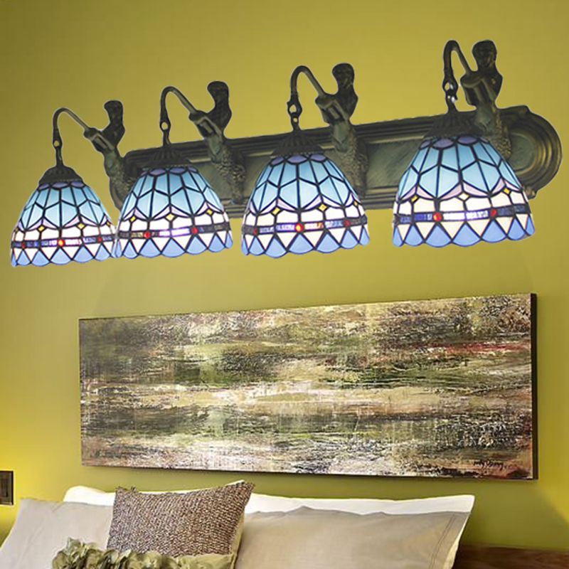 Dome Blue Glass Sconce Light Mediterranean 4 Heads Bronze Wall Mounted Light for Living Room