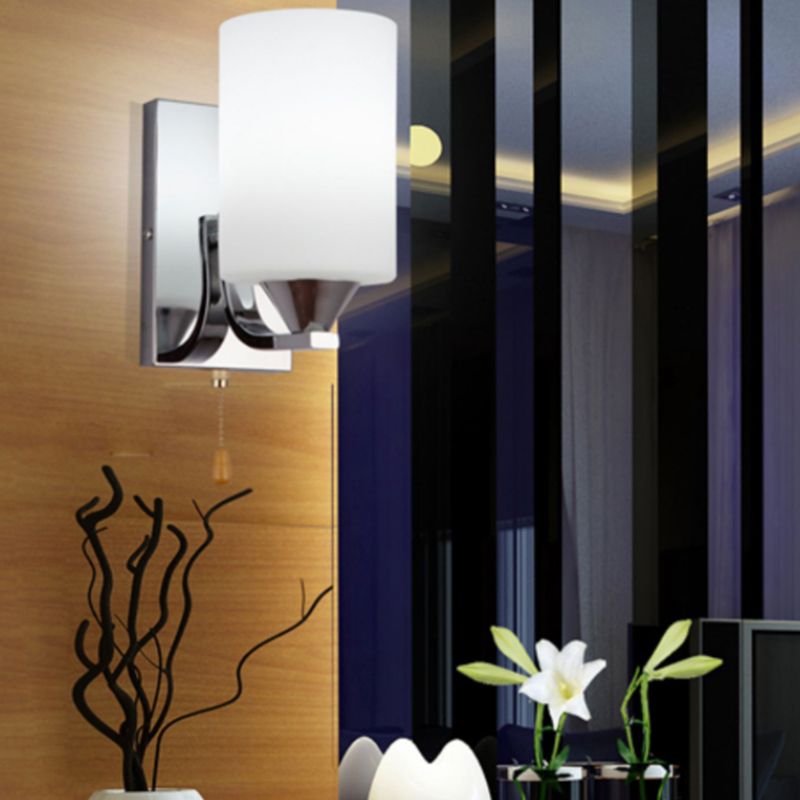 Cylindrical Shade Wall Lamp Modern White Glass Bedroom Sconce Light