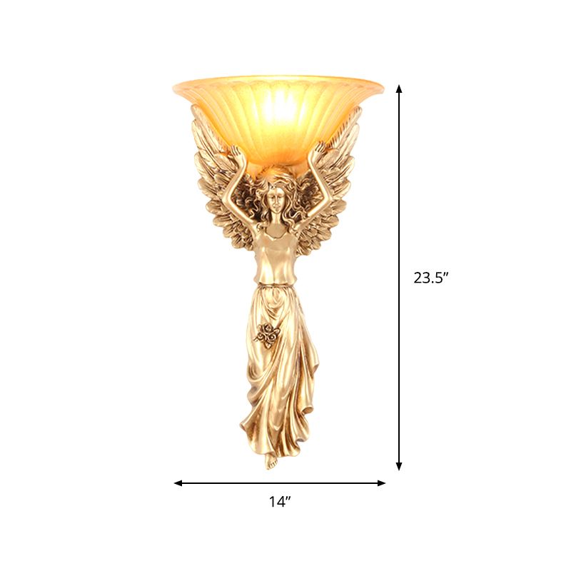 Upward Wall Sconce Frosted Glass Vintage Style Gold Resin Flared Wall Mounted Sconce with Angel Design