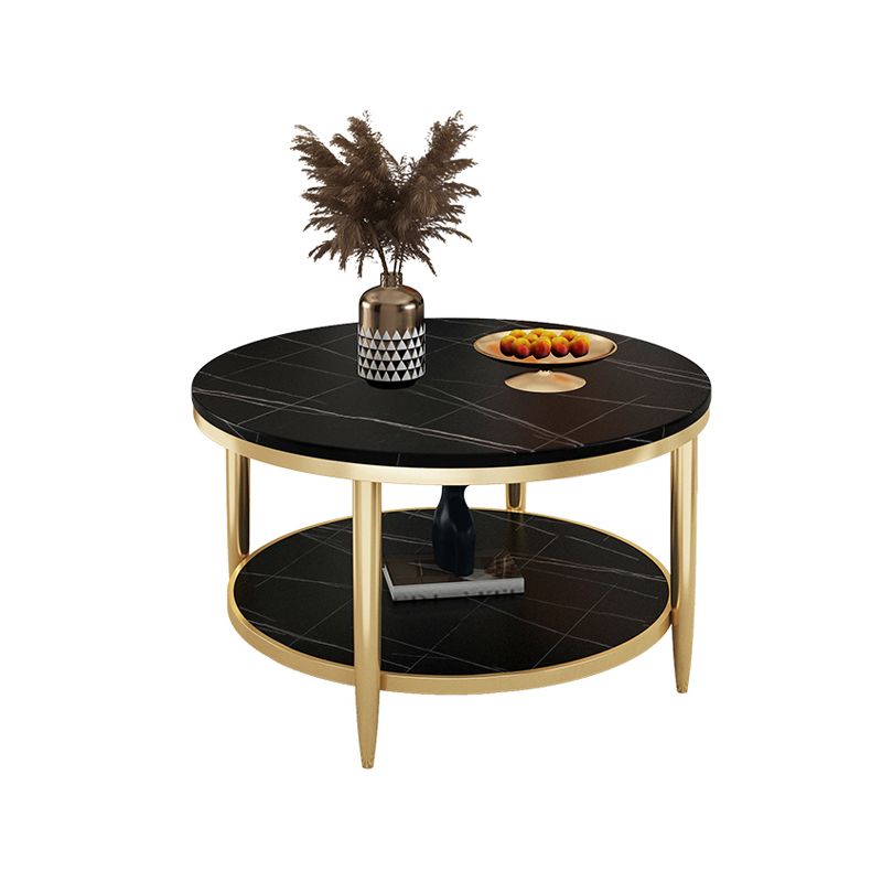 Glam Style Round Slate Table Plate Metal 4 Leg Base with Storage Rack Coffee Table