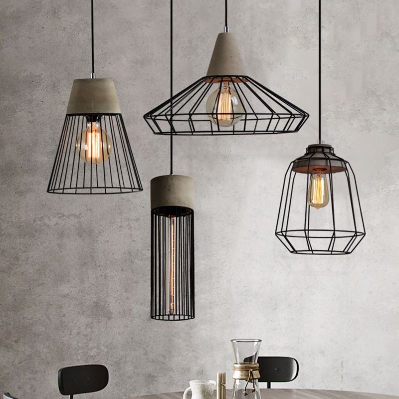 Caged Dining Room Suspension Light Metallic Single Minimalist Pendant Light with Cement Top in Grey