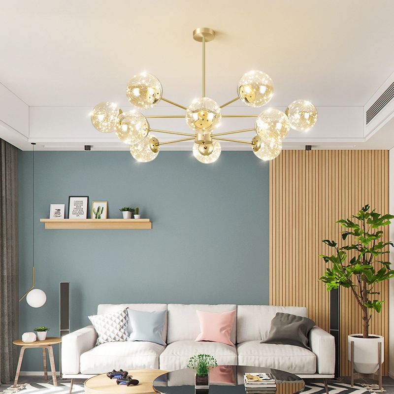 Radial LED Chandelier Light Contemporary Metallic Living Room Pendant Light with Globe Clear Glass Shade in Gold