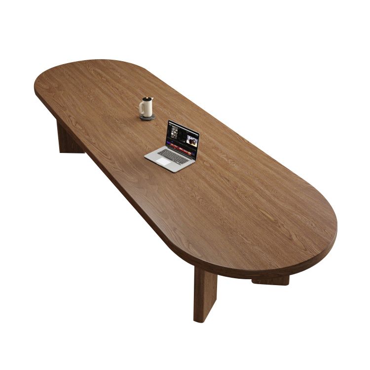 Solid Wood Top Dining Table Modern Oval Table with 4 Legs in Brown