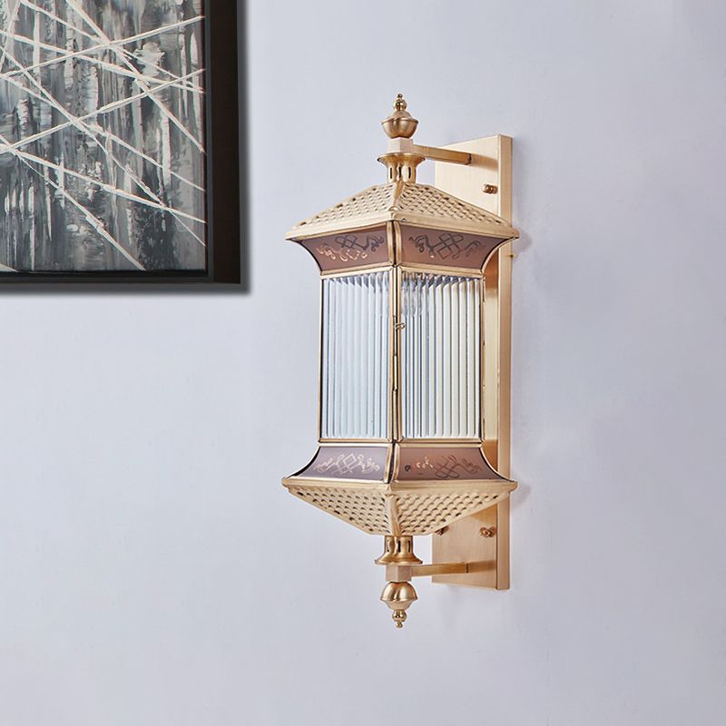 Gold Finish Lantern Sconce Light Classic Frosted Glass 1-Light Wall Mount Lighting
