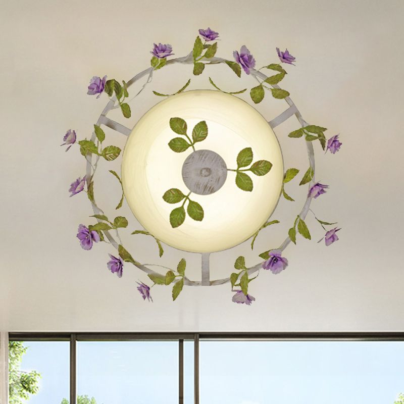 Pastoral Style Bowl Flush Light 2 Heads White Glass Flush Mount Ceiling Lamp with Bloom Decoration