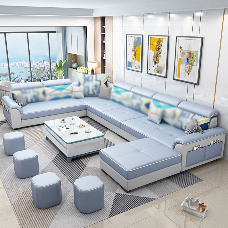 Square Arm Pillowed Back Cushions 6-Seater Faux Leather and Fabric Sectionals Sofas