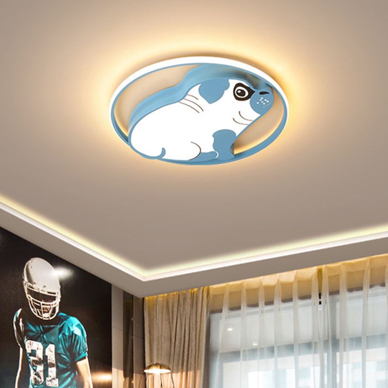 Minimalistic LED Ceiling Flush Pink/Blue Dog Shaped Flush Mount Lighting Fixture with Acrylic Shade in Warm/White Light