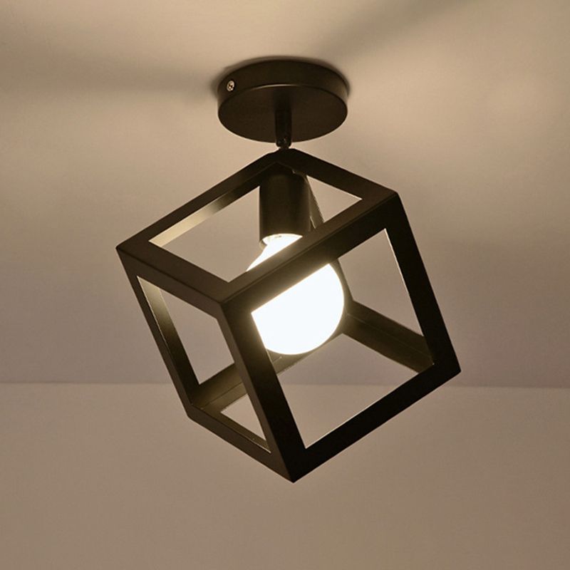 Fer Cage Flushmount Ceiling Lamp Industrial 1-Bulb Hallway Flush Mount Lighting in Black