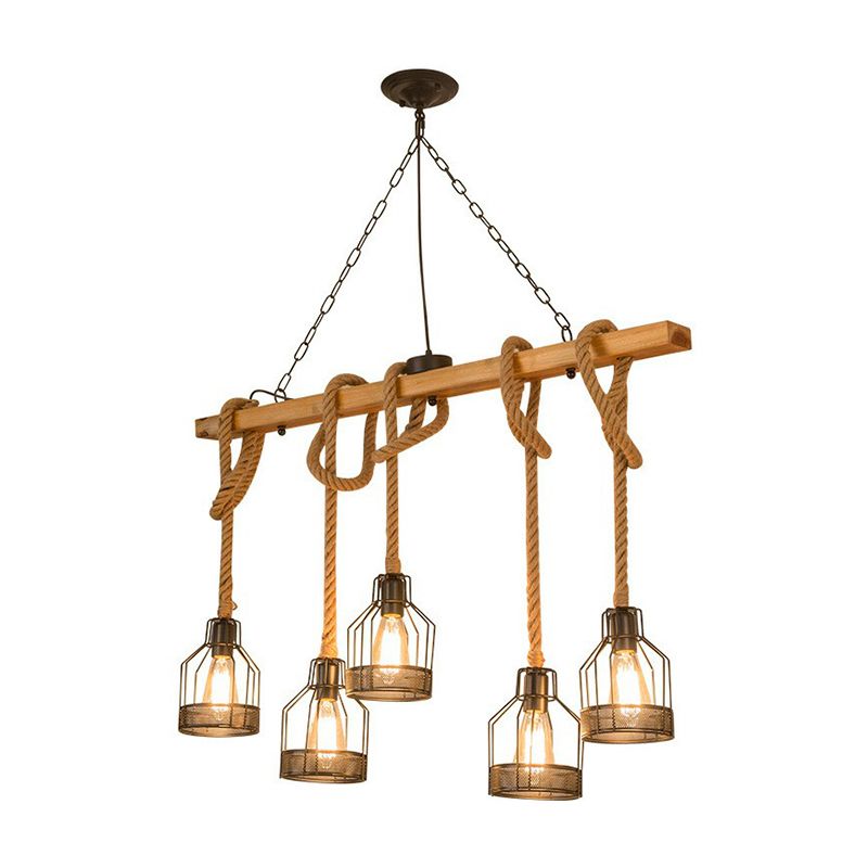 Linear Restaurant Hanging Island Light Cottage Wood 3/5-Light Brown Roped Pendant Lamp with Cage