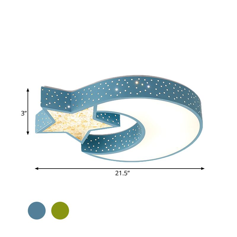 Kids Style LED Ceiling Mount Blue/Green Moon and Star Flushmount Lighting with Acrylic Shade