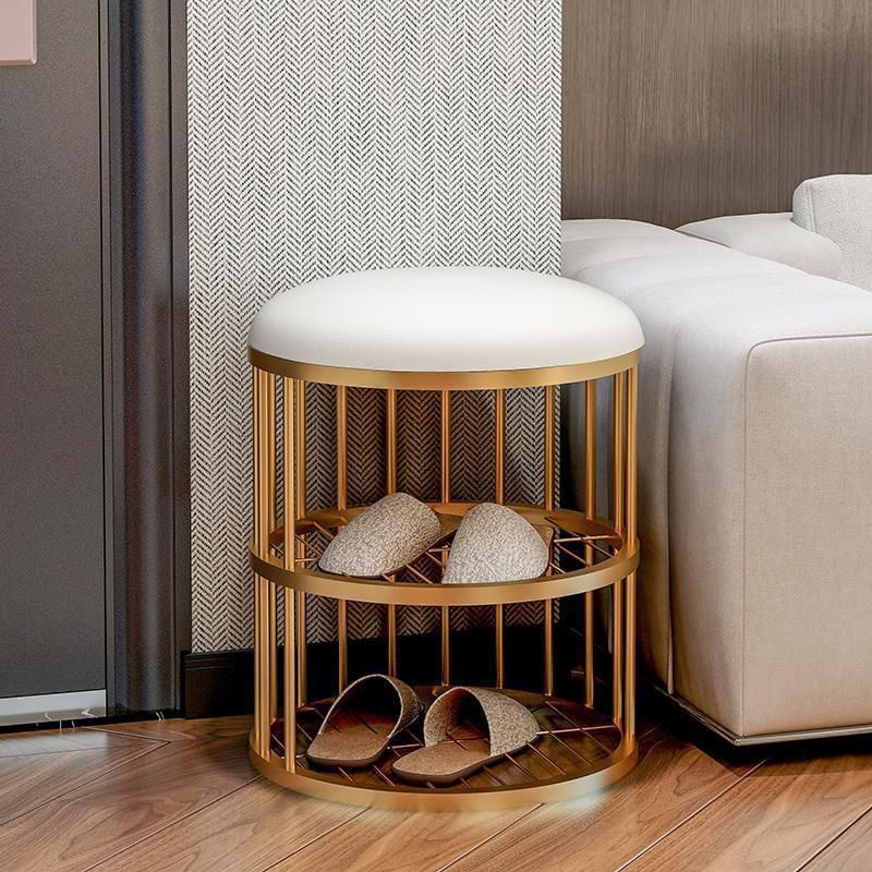 Glam Cylinder Shape Pouf Chair Plain Velvet with Bottom Rack Storage Pouf