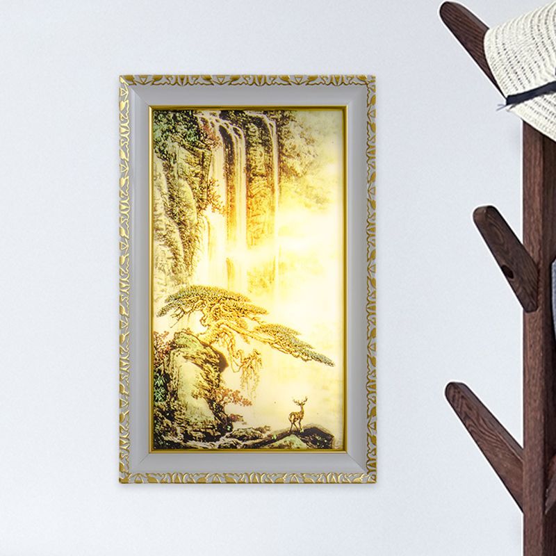 Chinese Rectangle Acrylic Wall Mural Light LED Wall Lighting in Gold with Pine Tree and Waterfall Pattern