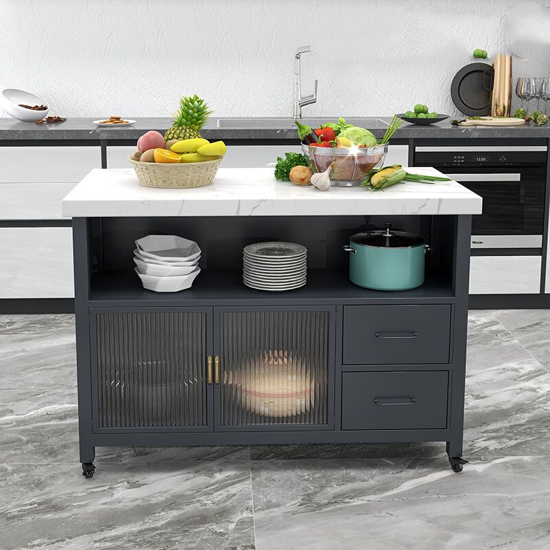 Modern Dining Room Kitchen Island Table Metal Base Prep Table with Drawer
