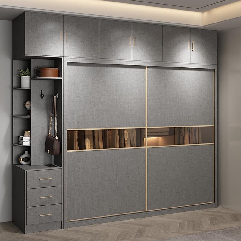 Contemporary Style Gray Colour Wardrobe Wood Self Close Drawers Wardrobe Closet