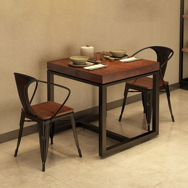 Solid Wood Top Dining Table Industrial Square Black Iron Trestle Base Table