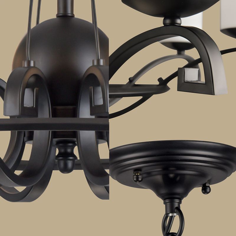 White Glass Cylinder Chandelier Light Fixture Rustic 6 Lights Bedroom Hanging Ceiling Light in Black