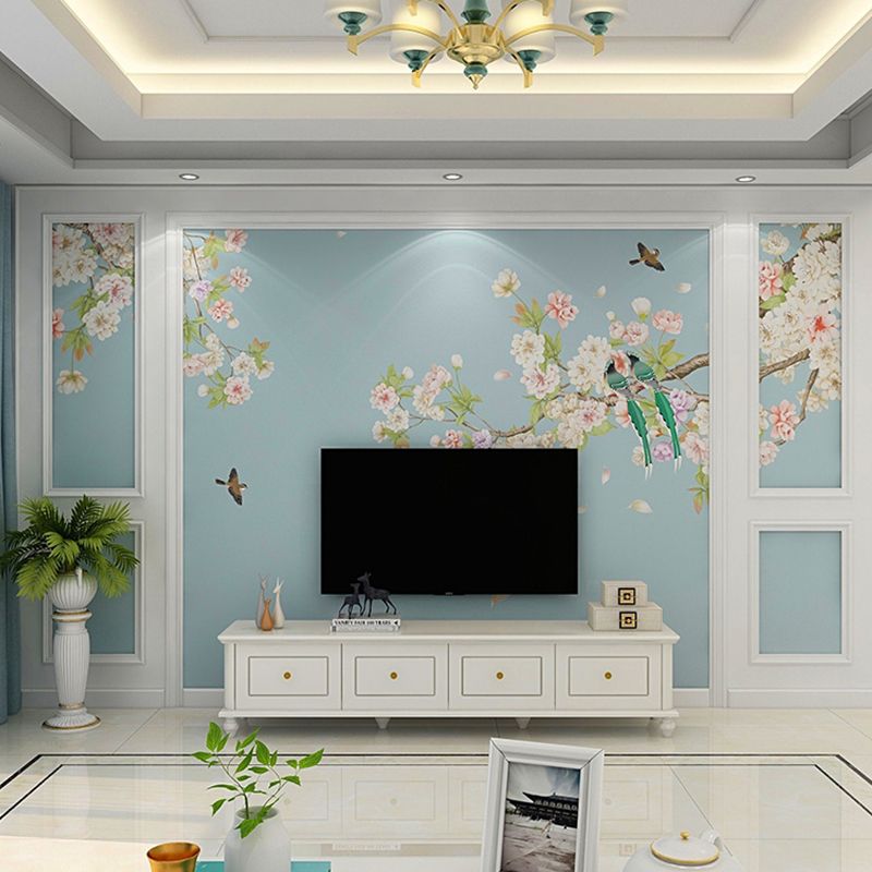Giant Minimalist Mural Wallpaper Green and Pink Cluster Blossoms Wall Covering, Personalized Size Available