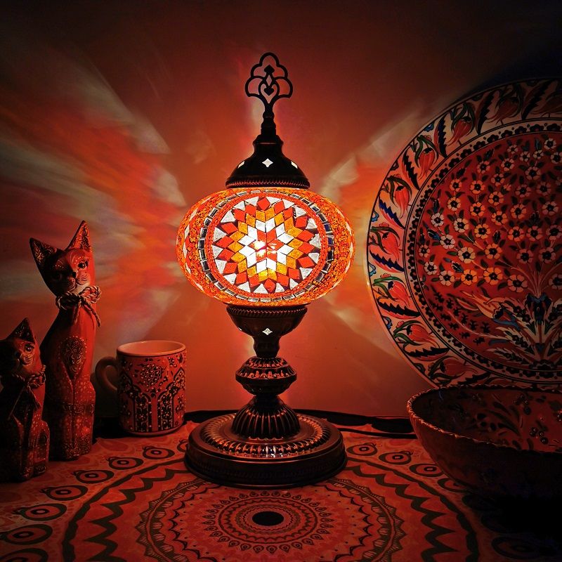 Moroccan Oblong Night Light Single Bulb Stained Art Glass Nightstand Lamp in Beige/Red/Blue for Cafe